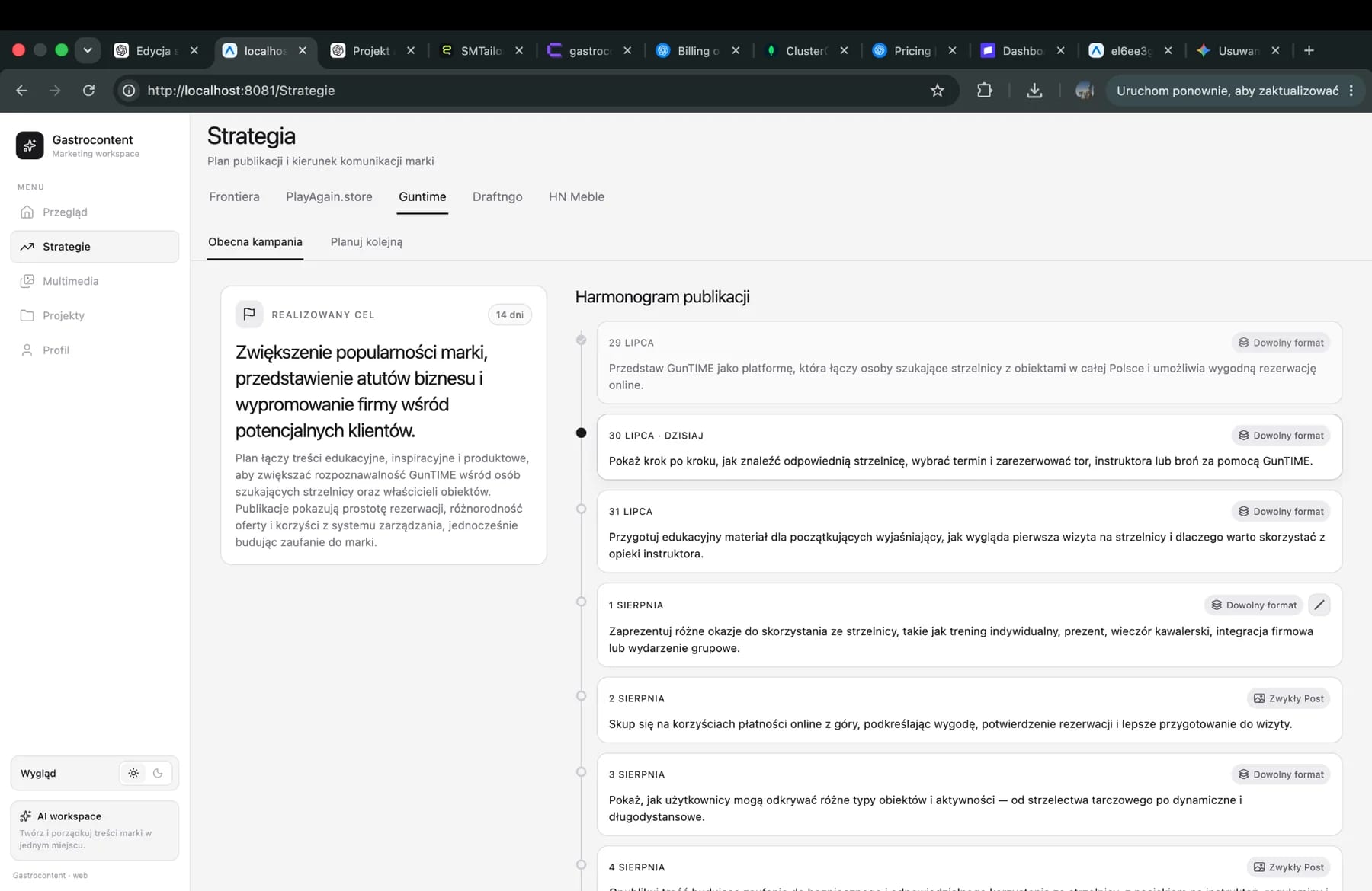 Ekran strategii SMTailor z harmonogramem publikacji
